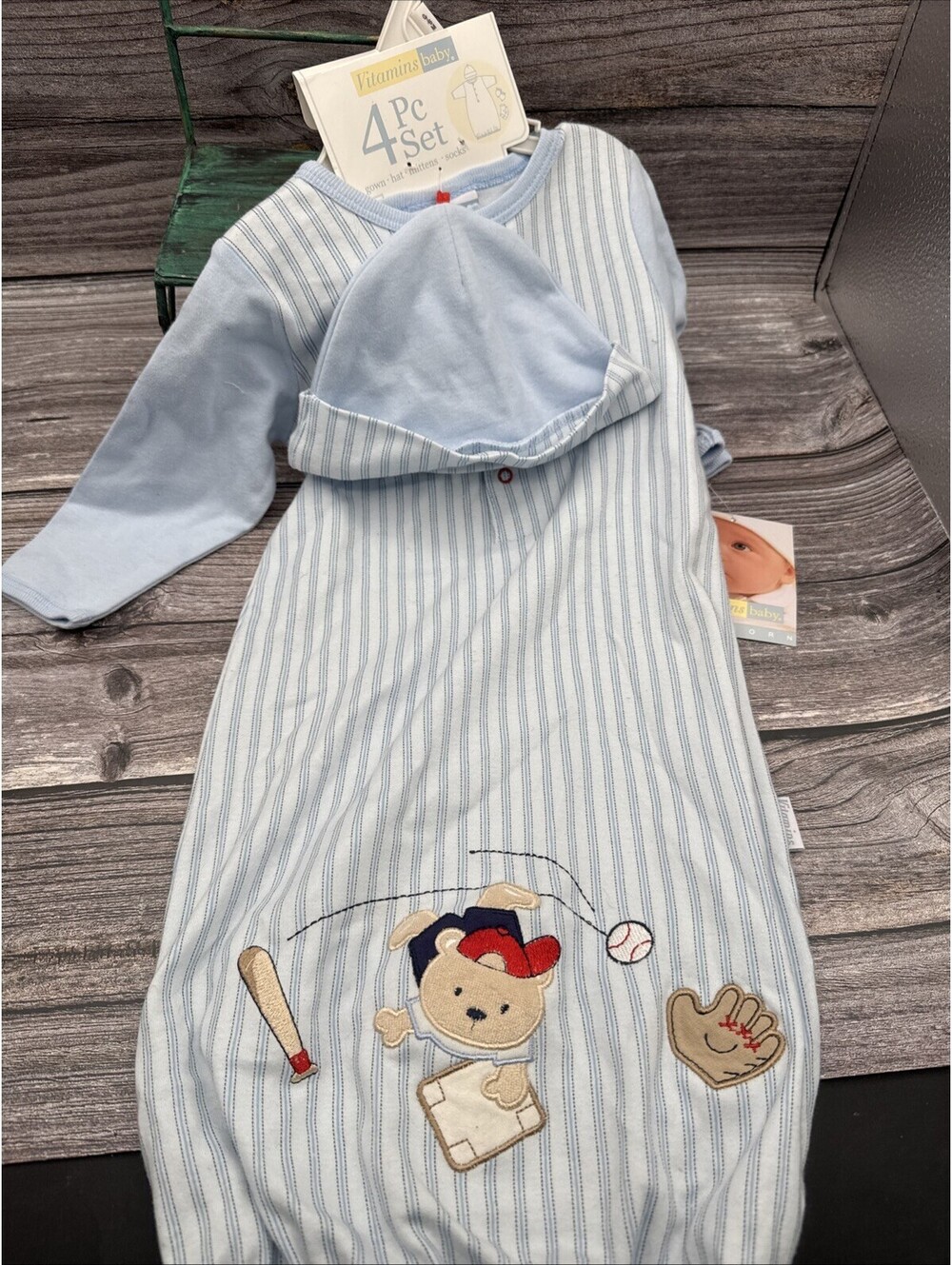 Vitamin Baby Newborn 4 Pc. Blue Cotton Knit Gown Long Sleeve Hat Mittens